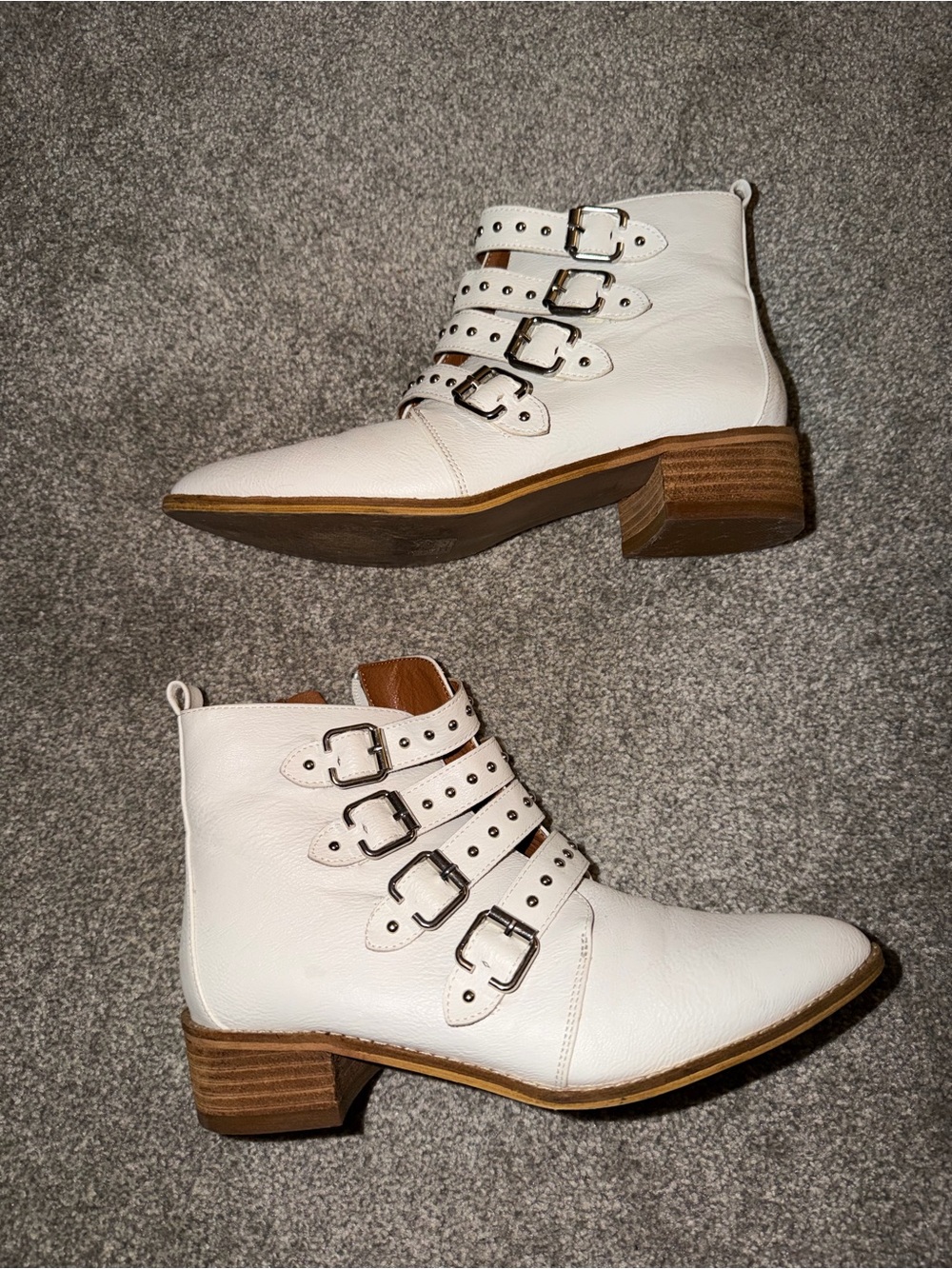 Women's White Leather Buckle Ankle Boots